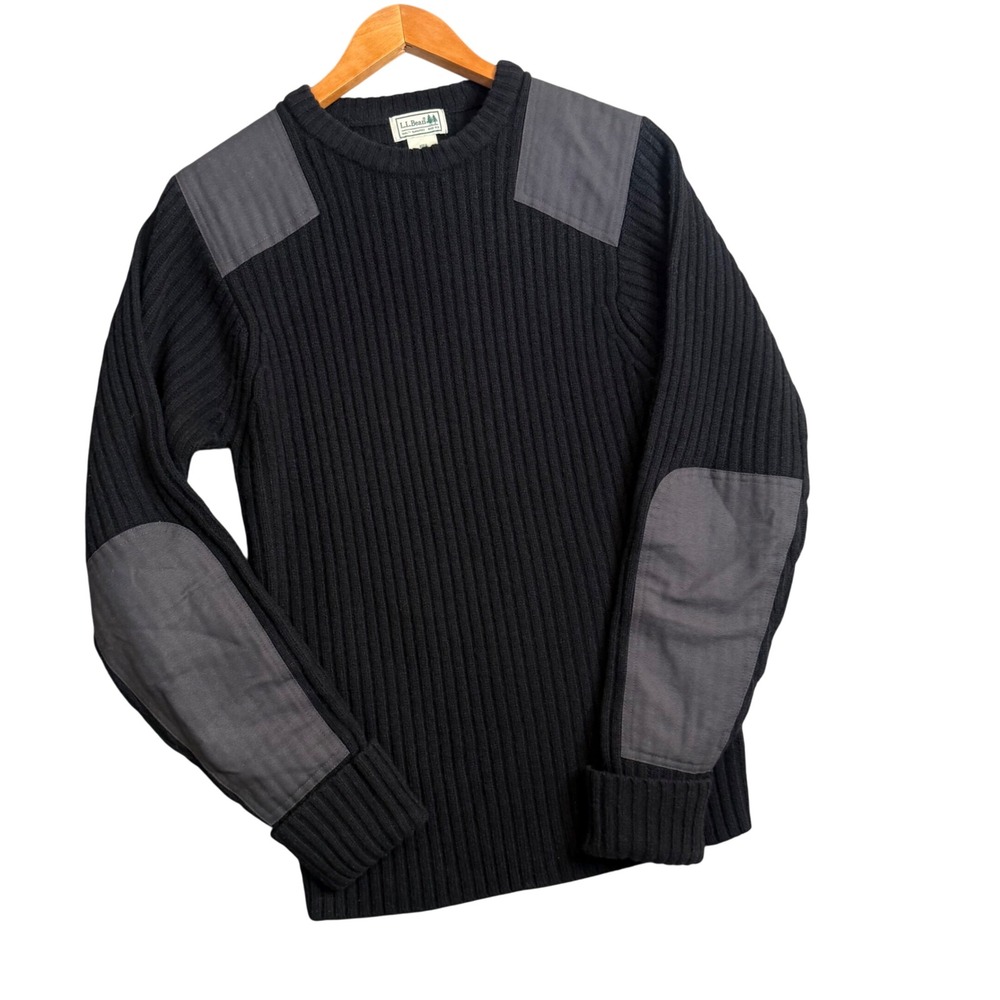 LL Bean Commando Sweater Mens S Black Merino Lambswool Ribbed Patch 228194